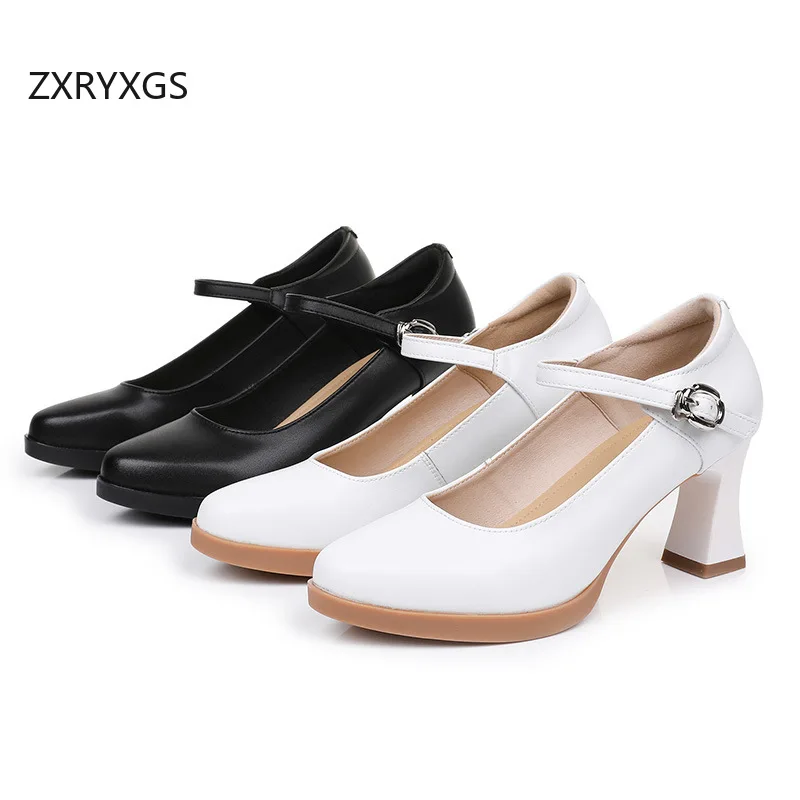 

ZXRYXGS Premium Cowhide Women Elegant Fashion Pumps Black Shoes 2026 Genuine Leather Model Walking High Heels White Shoes Tide