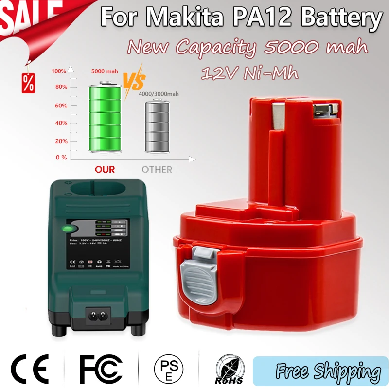 New Capacity 12V 5000mAh For Makita PA12 Ni-Mh Battery For Makita 1200 1220 1201 1222 1233SA/B1235 192681-5 Power Tool Batteries