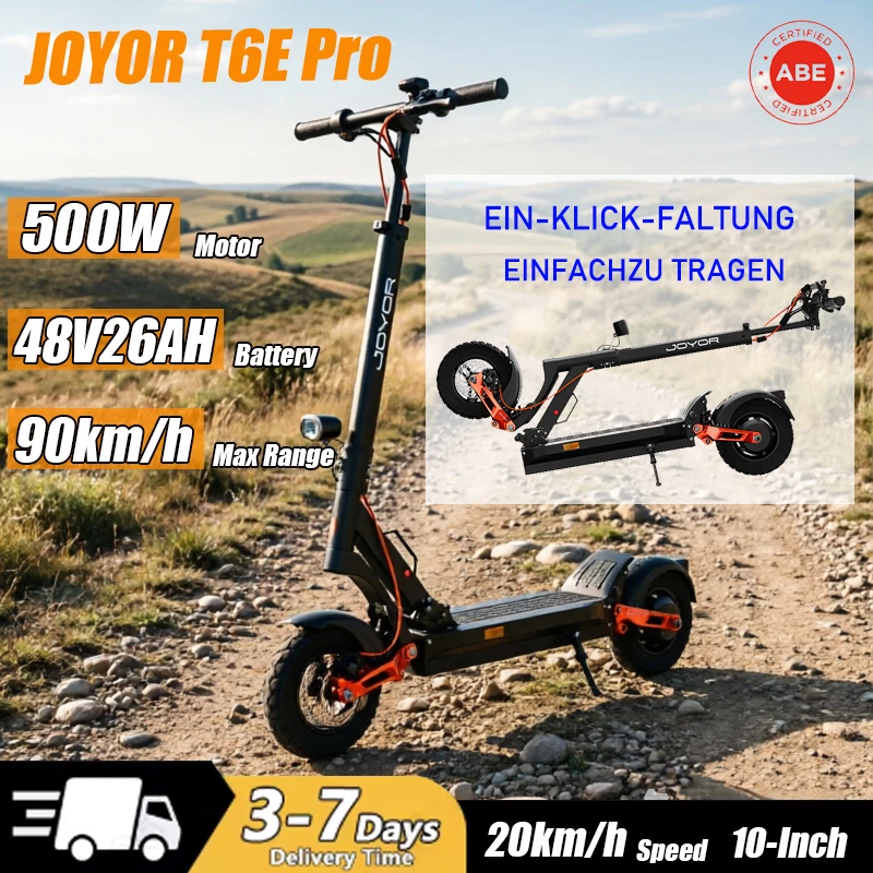 JOYOR T6E PRO ABE Elektroroller für Erwachsene, 500W Motor, 48V26AH Akku, maximale Reichweite 90km & Höchstgeschwindigkeit 20km/h, 48V26AH Akku E-Mountain-Roller, 10-Zoll Offroad-Luftreifen,