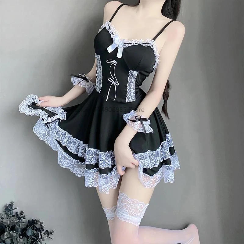 

Japanese Lolita Sexy Cute Lace Up Black White Maid Dress Role Play Costumes Chiffon Cosplay Anime Coffee Girl Uniform Temptation