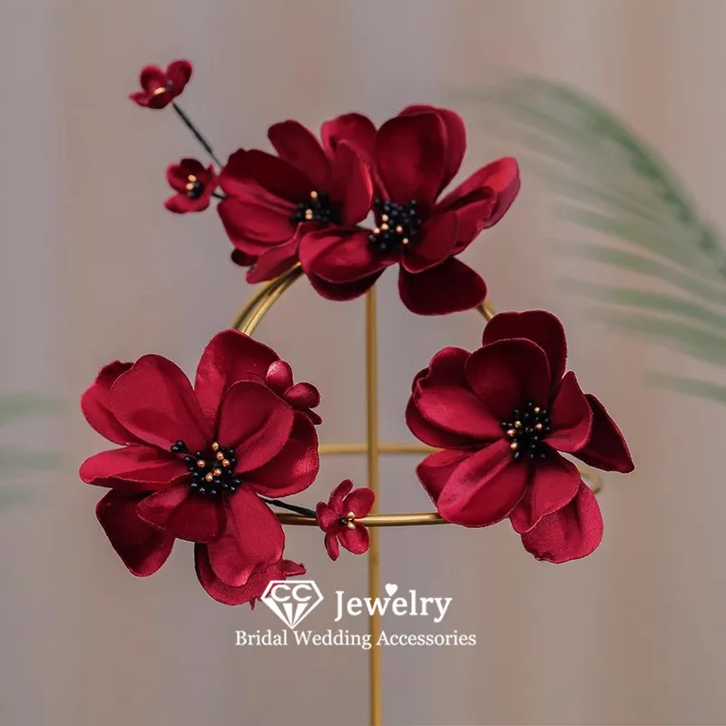

CC Hairpins for Women Wedding Hair Accessory Bridal Headdress Engagement Hairwear Red Color Hairgrips 3 PCS Sets Headdress xy479