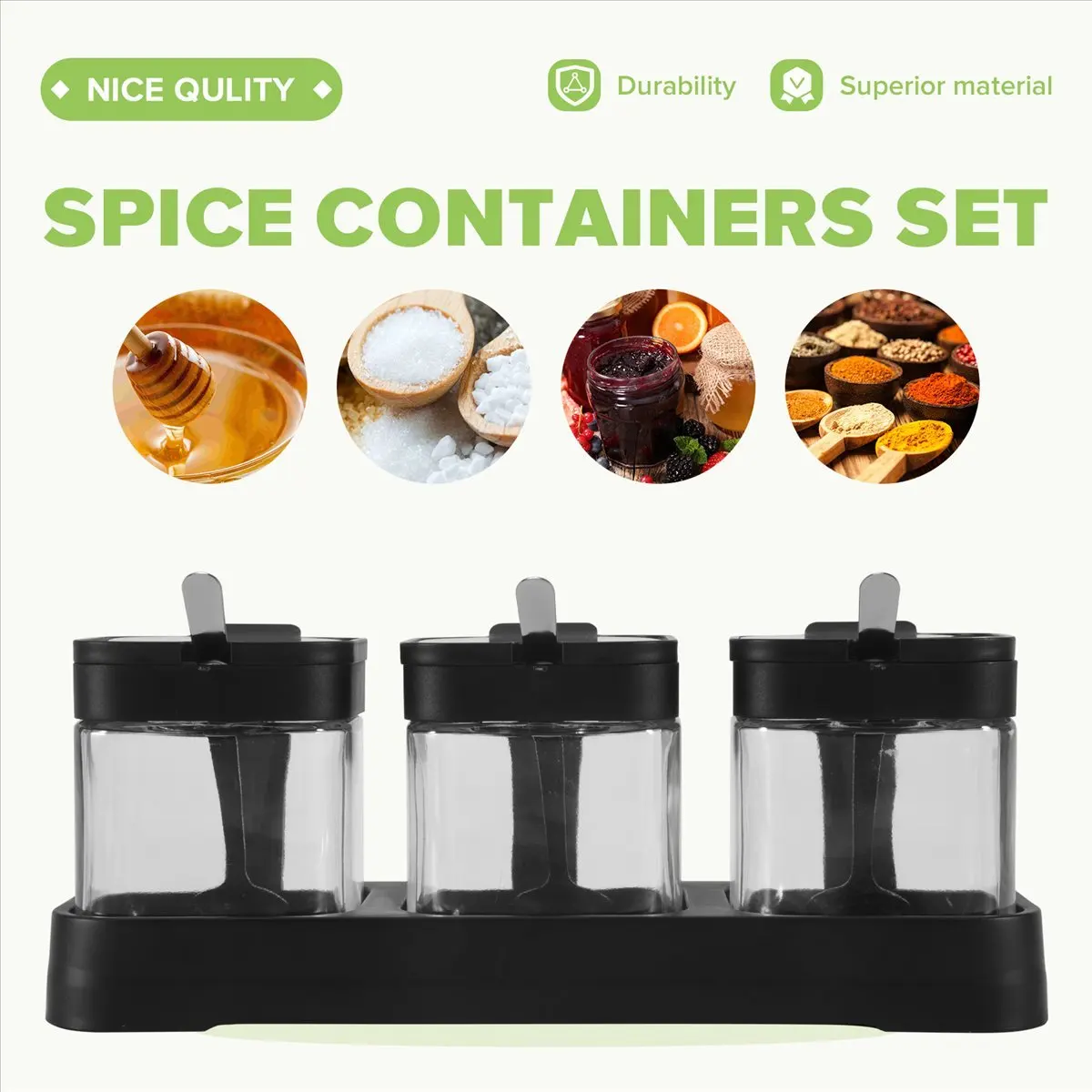 Present Glass Storage Jars Spice Containers Set with Stainless Steel Lids and Spoons for Sugar Serving Salt Coffee Tea