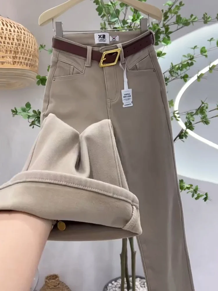 

plus Size Fce Lined Thi Denim Pants Women Winter New Sle Flattering High Waist Loose Wide Leg Straight Cut Jeans