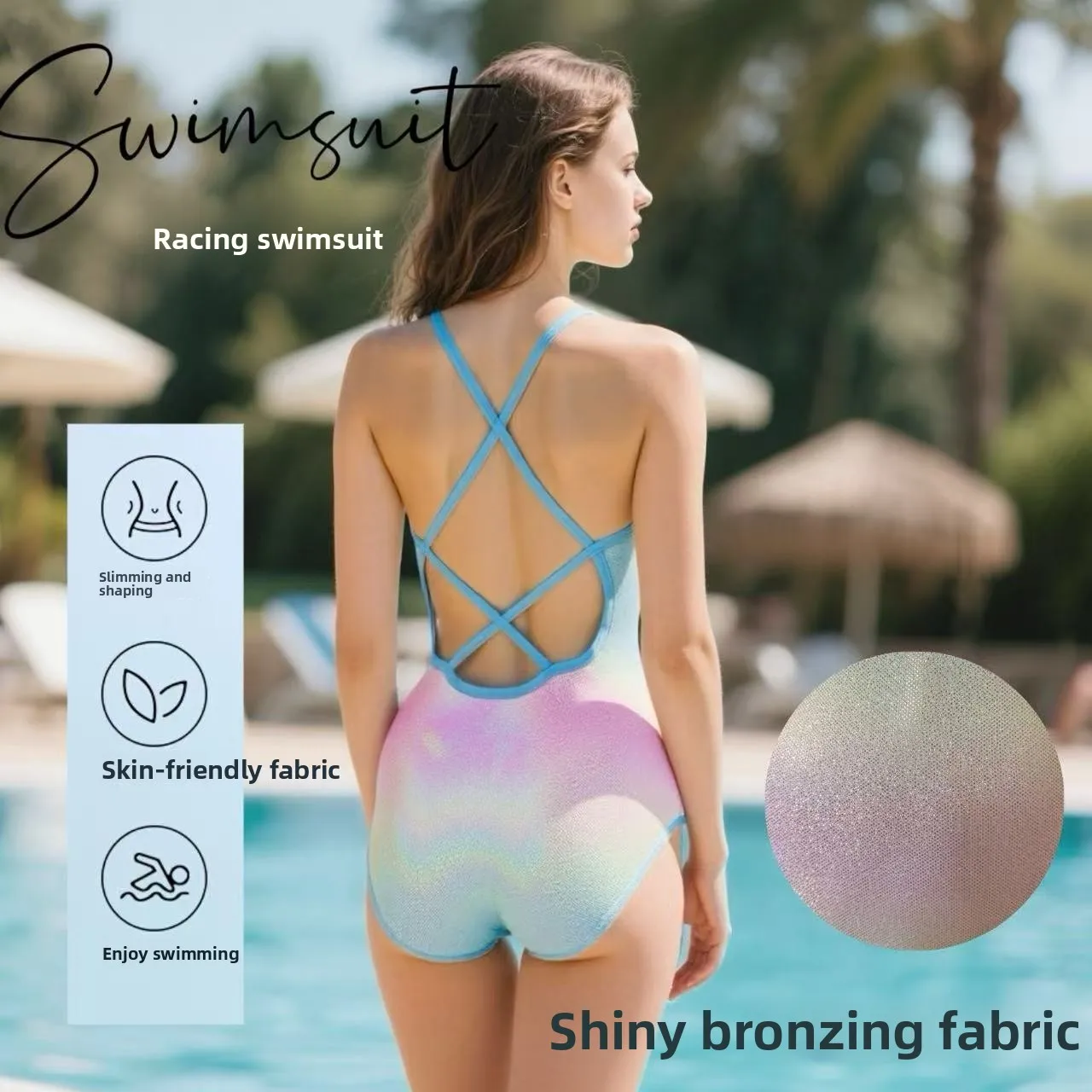 Gold Foil Gradient Professional Swimming Suit Women's One-Piece Thermal Pool No Pad High Elasticity Quick Dry round Neck Suit