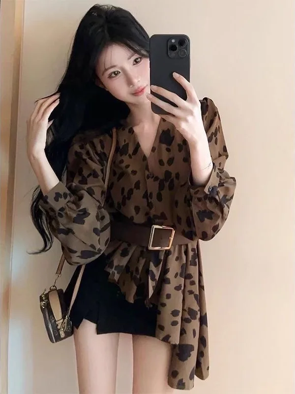 

Retro Leopard Print Long Sve irt Women's Spring Autumn New Sle Bubble Sve Small ence Top Ele irt