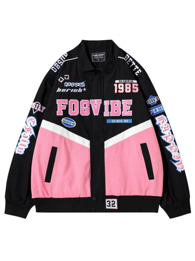 Printed Harajuku Goth Pink Coat Women Y2k Fashion Spring Autumn Jacket Women Punk Jacket Locomotive Racer Jackets For Women