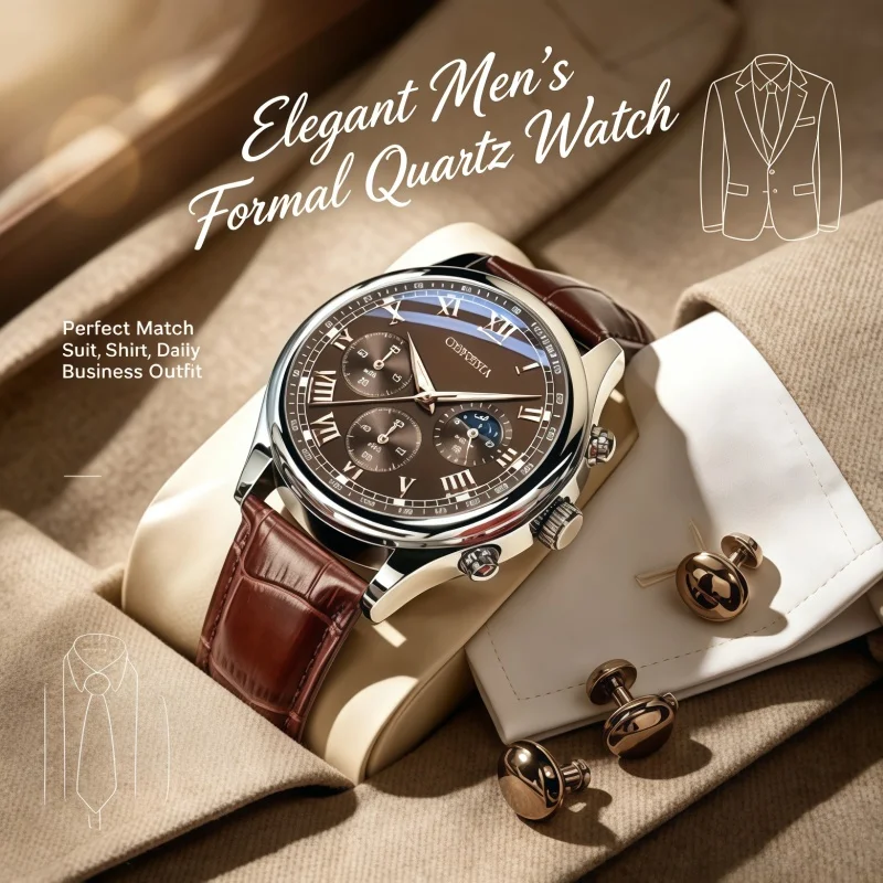 Geneva High-quality men's luxurious leather belt and fashionable quartz watch. Men's round business student sports watch.
