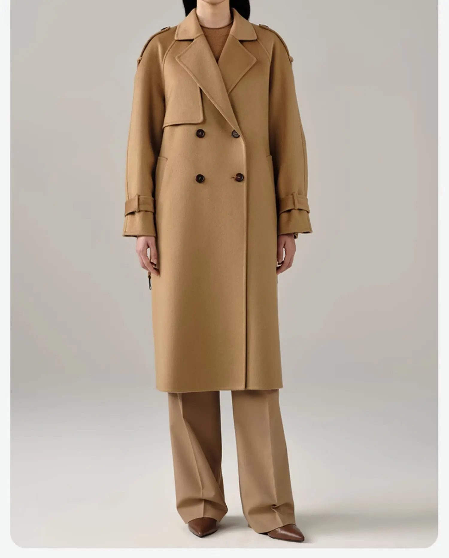 

Autumn and Winter Women's 100% Cashmere Coat Classic Double-sided Wool Thick Double Breasted Belt Long Coat Smooth Glossy Black