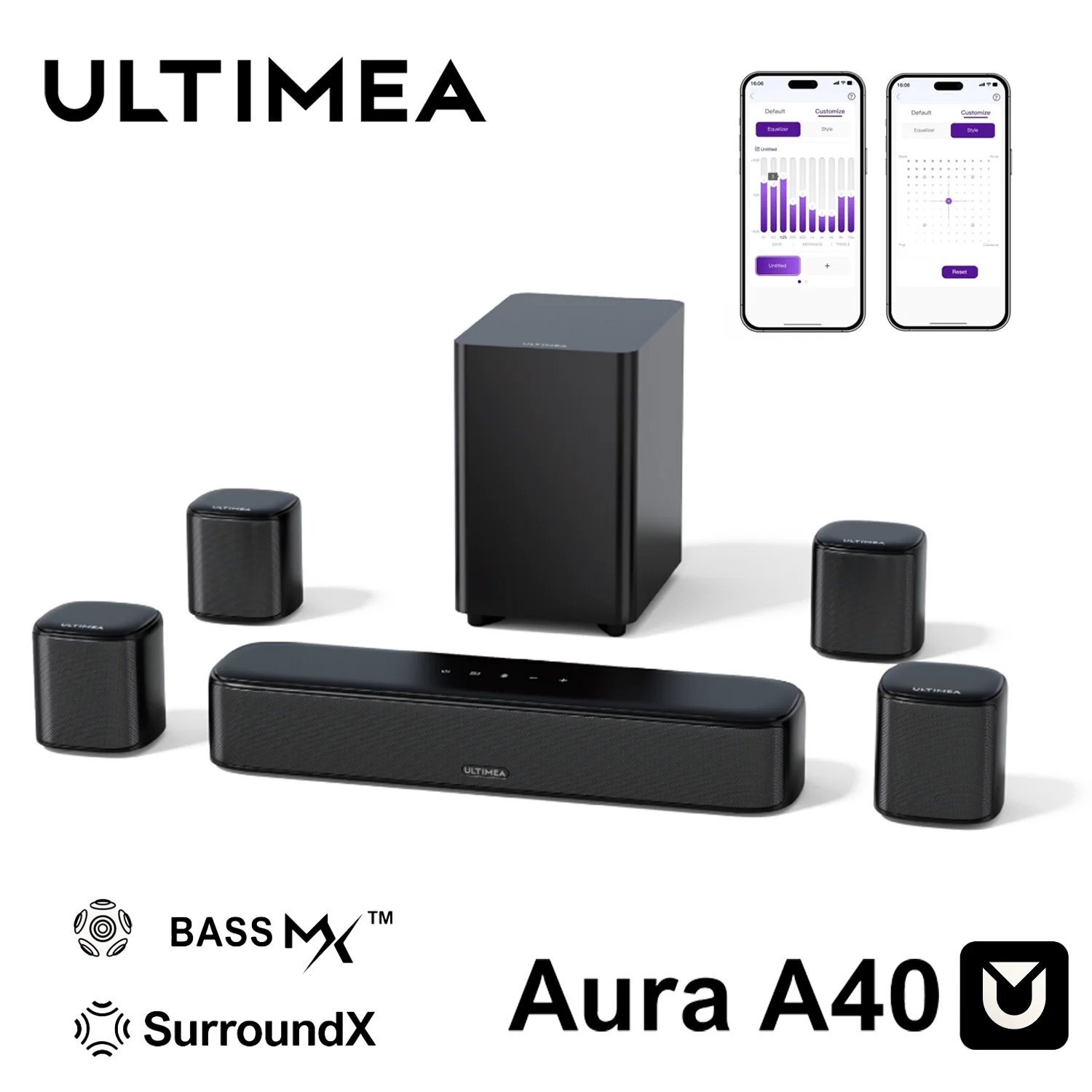 ULTIMEA Barre de Son 7.1 Canaux pour Télévision avec Caisson de Basses et 4 Haut-Parleurs Arrière, Système Cinéma Maison avec Son Enveloppant Virtuel, Contrôle Intelligent par Application, Son