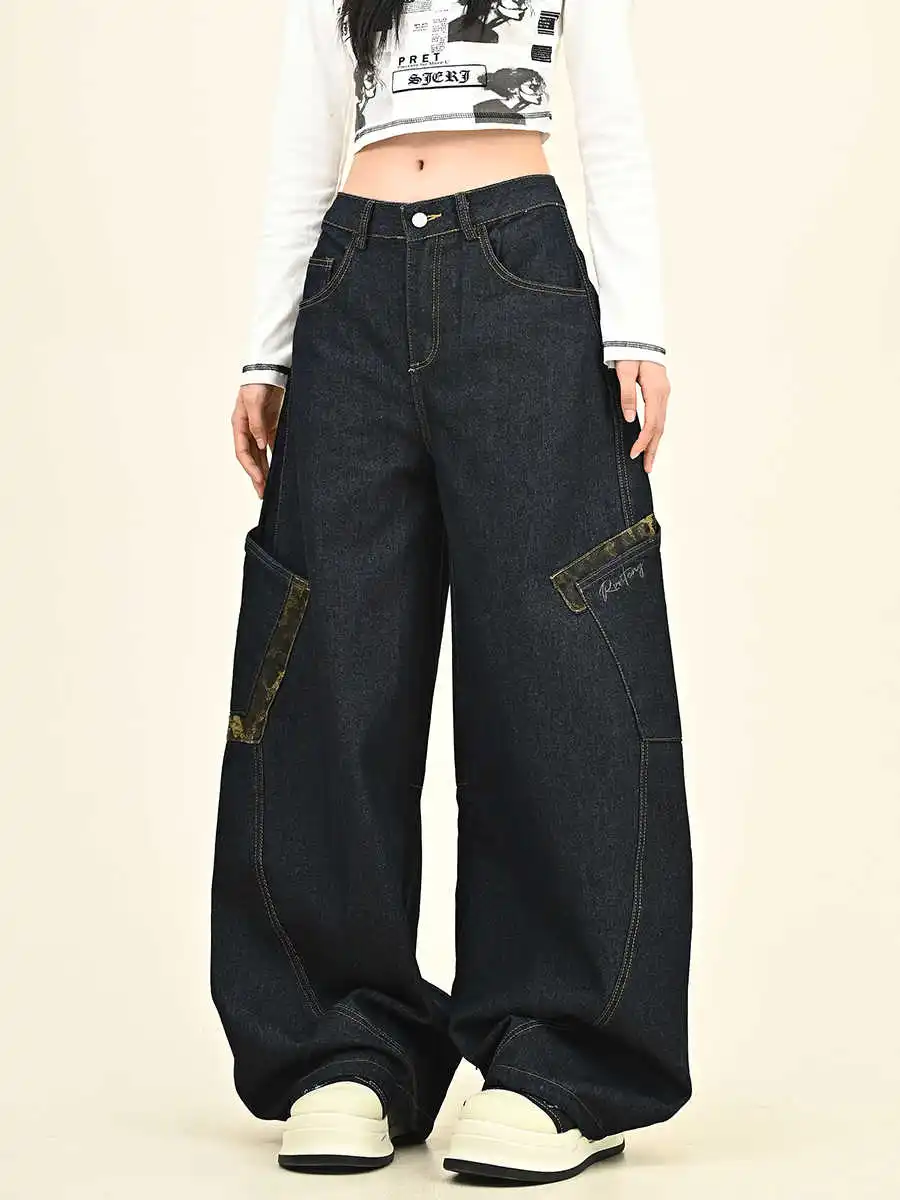 

plus Size Women's American Retro Workwear Knife Wide Leg Bootcut Jeans Leopard Print Patchwork High Waist Long Pants