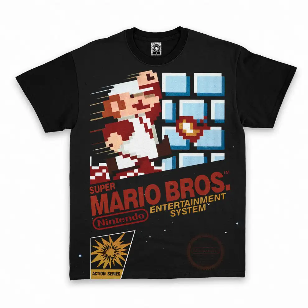 Super Mario Bros Retro NES Box Art Front & Back Full Print T-shirt, Classic Pixel Game Scene Unisex Short Sleeve Summer Tee