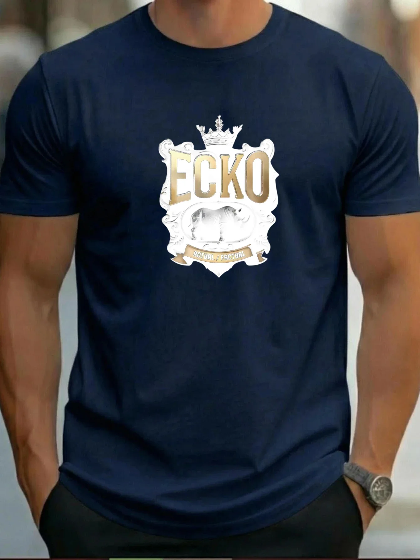 Men Ecko Oversize Drop Shoulder Baroque Crown Rhino Tshirt Emboss Scroll Frame Print Loose Casual Street Short Sleeve