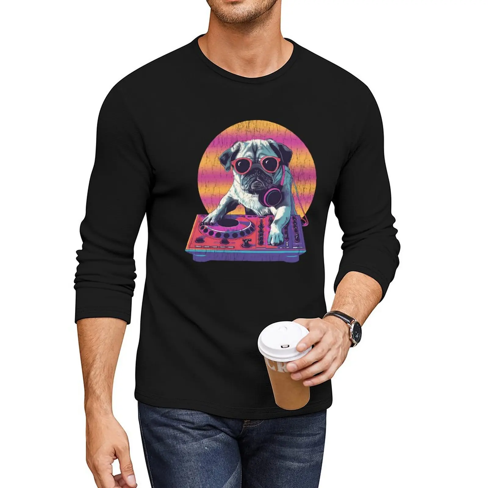 Vintage Dj Pug Music Pug Long T-Shirt vintage t shirt mens white t shirts