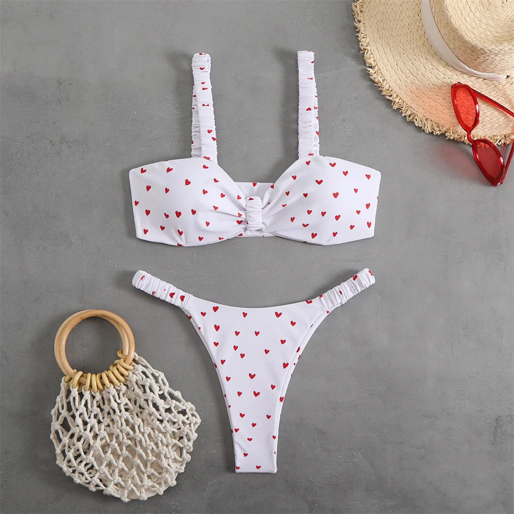 Red Hearts Bikini Elastic Straps Pleated Swimsuit Thong Women Beach Outfit Two Piece Korean Vacation Swimwear Print Bathing Suit