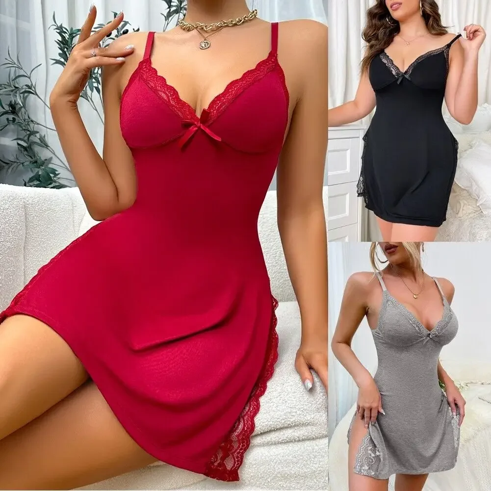 

Women's Lace Patchwork Sexy Slip Dress With Butterfly Decoration And Side Slit Contrast Lace Ruffle Hem Night Dress Nightgown