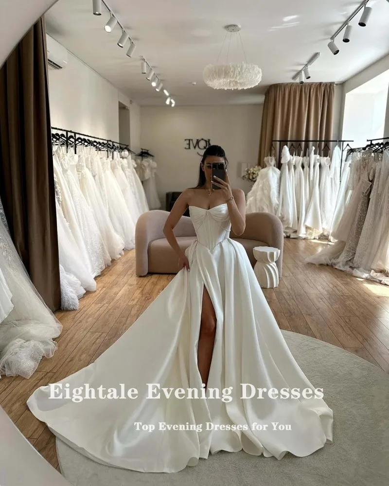 Eightale คําชุดแต่งงานที่กําหนดเอง Sweetheart ลูกปัดงาช้างซาติน High Side Slit A-Line ชุดเจ้าสาว Vestidos De Novia