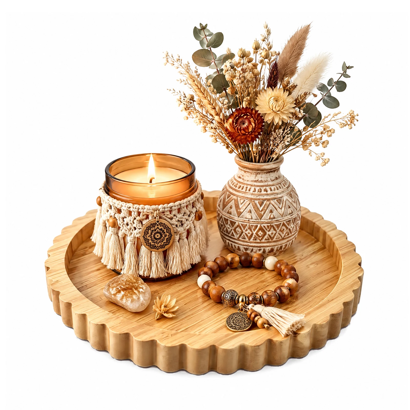 Round Bamboo Serving Tray Set of 2 Wavy Edge for Candles Flowers Jewelry Skincare Boho Farmhouse