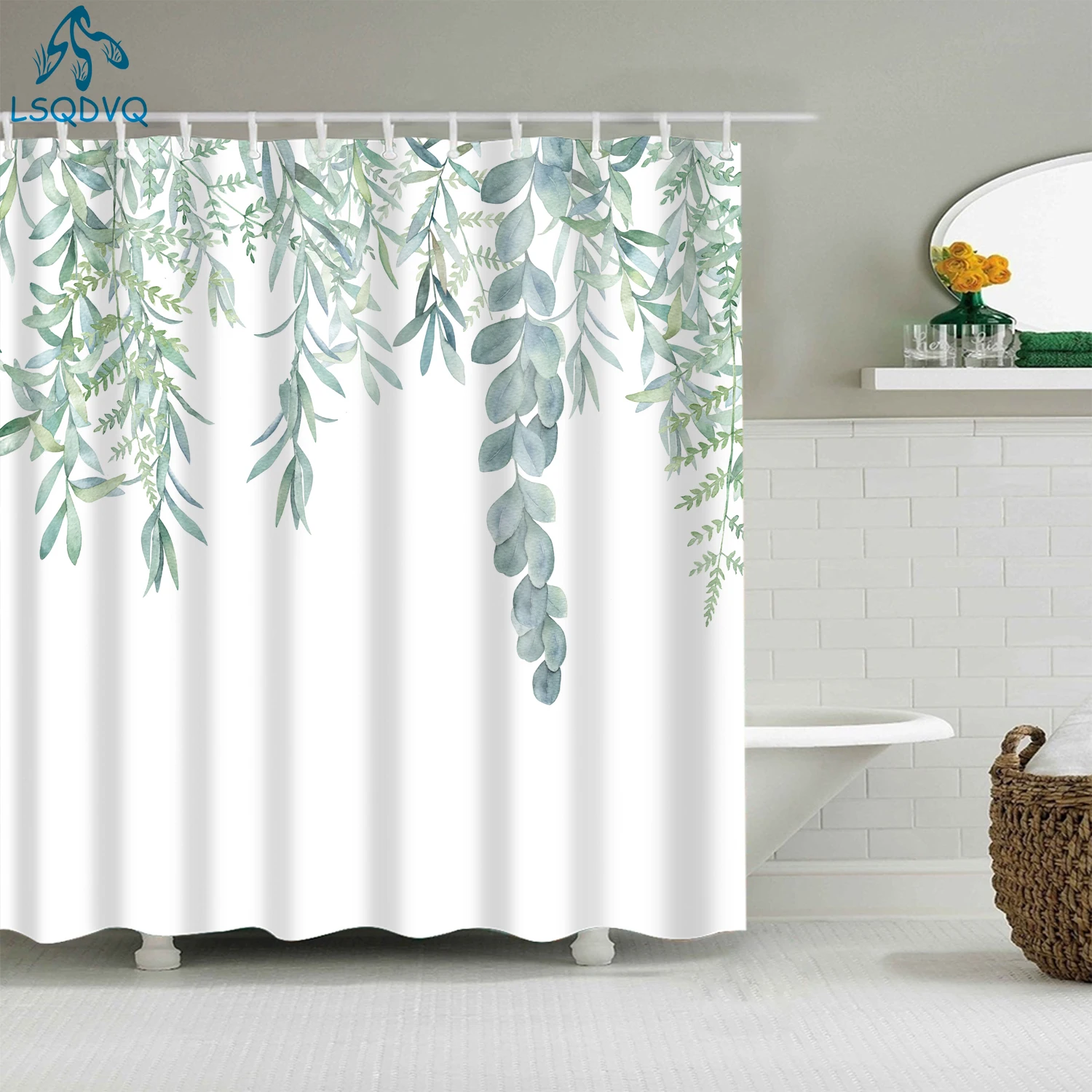 Plant Stripes Shower Curtain Bathroom Waterproof Polyester Shower Curtains for Bathroom Flower Print Bath Curtain with Hooks