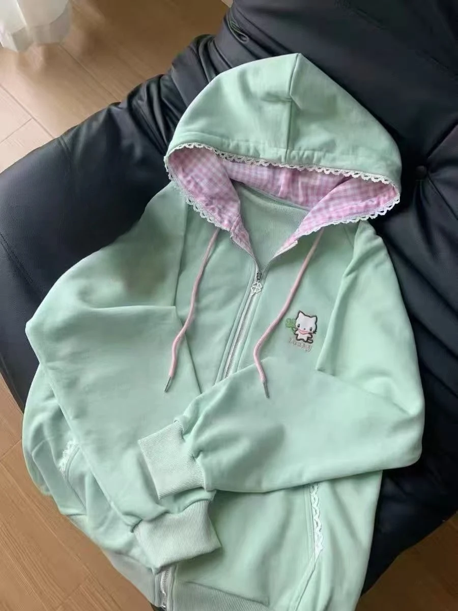 原宿風スイート長袖レースフード付きジャケット刺繍入りレディースカジュアルY2Kカワイイ漫画プリントジッパーコートアニメ2025秋