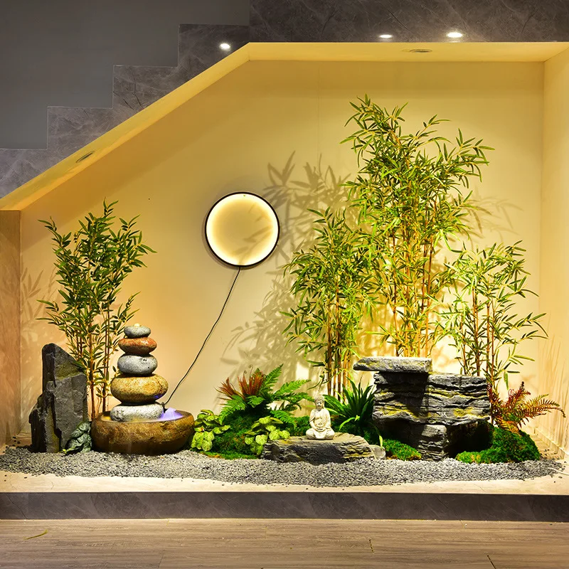 Indoor flowing water ornaments, circulating water landscape, rockery landscaping under the stairs, simulated bamboo potted plant