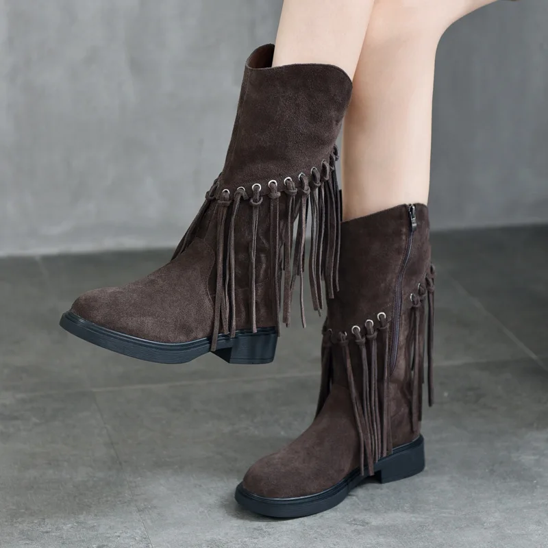 Women Leather Mid Calf Boots Coffee Fringe Style Shoes Women Handmade Genuine Leather  Women Knight Boots Soft Heel Brand Shoes