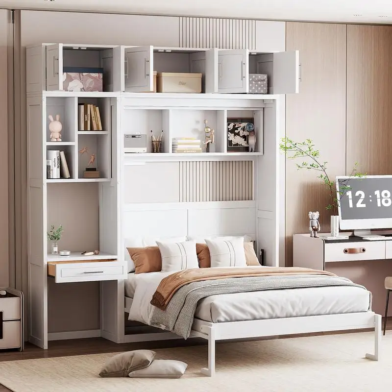 

Full Size Murphy Bed with Desk, Top Cabinet & Storage Shelves, Space-Saving Foldable Bed in White