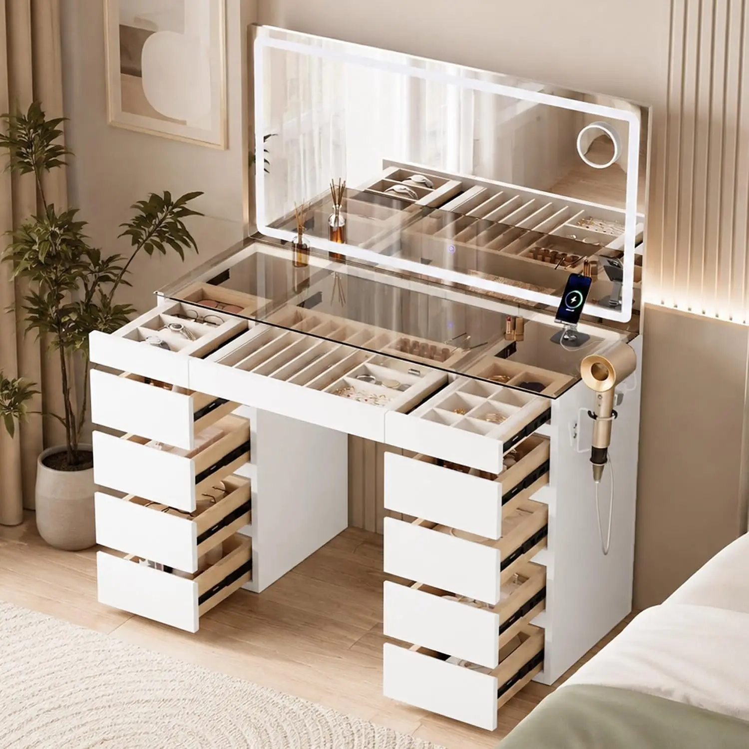 Big Vanity with Glass Top, Large Mirror, LED Lights, Outlet and 11 Drawers, Customized