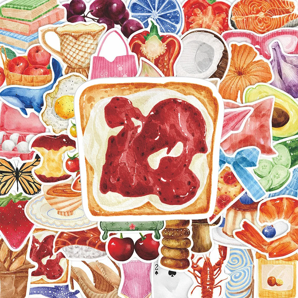

10/30/66pcs Watercolor Mediterranean Food Stickers Notebook Phone Motorcycle Suitcase DIY Aesthetic Sticker Cool Creative Decals