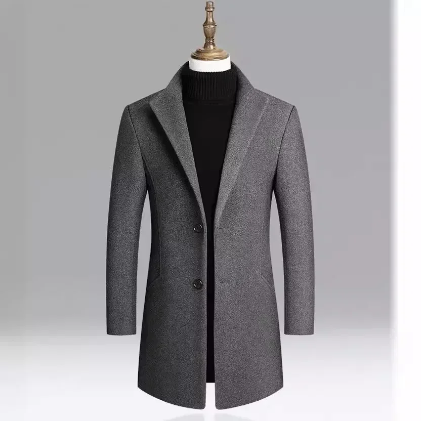 

European and American Men's Wool Coat for Autumn and Winter Mid-Long Windbreaker Thickened Men Clothing, Solid Color Suit Jacket