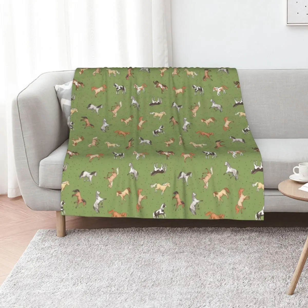 Scattered Horses spotty on olive green pattern Throw Blanket Cute Plaid Moving sofa bed Baby Luxury Designer for sofa Blankets
