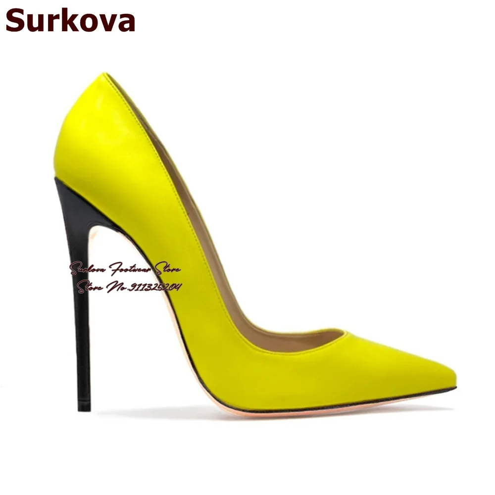 

Surkova 12cm 10cm 8cm Black Stiletto Heels Shallow Pumps Neon Yellow Blue Matte Leather Slip-on Wedding Shoes Color Patchwork