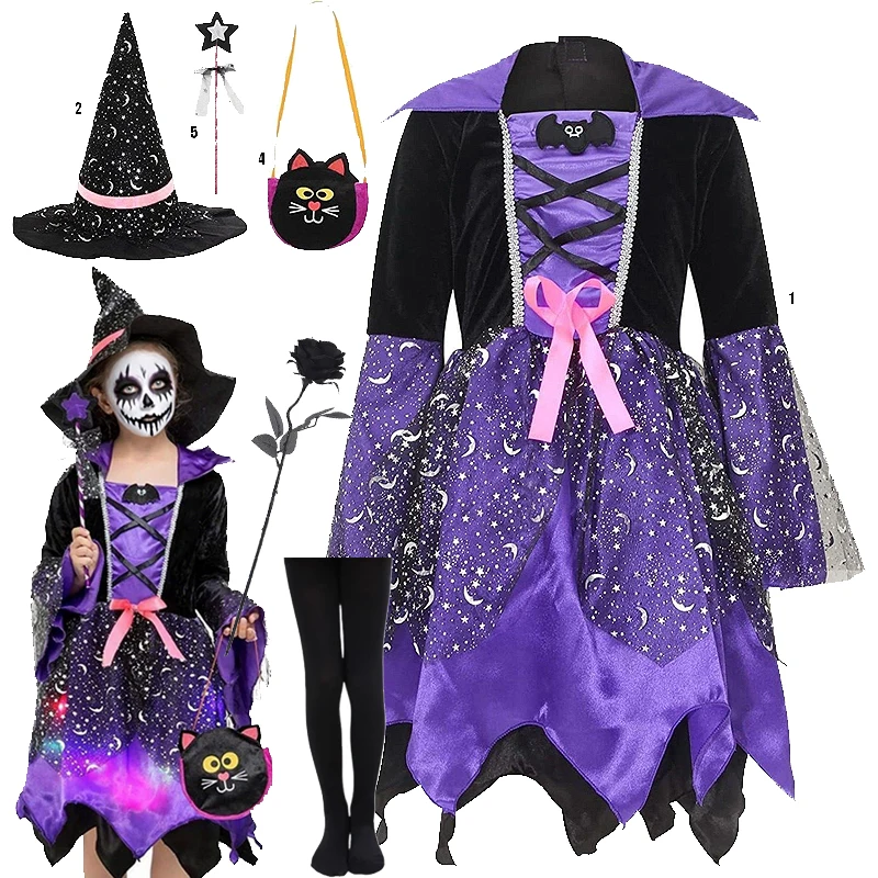 

2025 New Girls Halloween Witch Costume Children Cosplay Vampire Dresses Carnival Party Clothes Wizard Performance Costume Dress