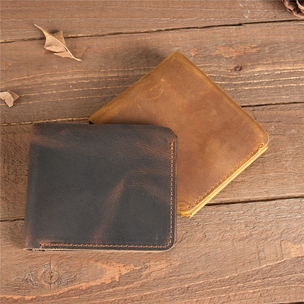 Mens Rfid Crazy Horse Leather Wallet for Men with Zipper Coin Pocket Slim Bifold Man Vintage Genuine Leather Card Holder Purse