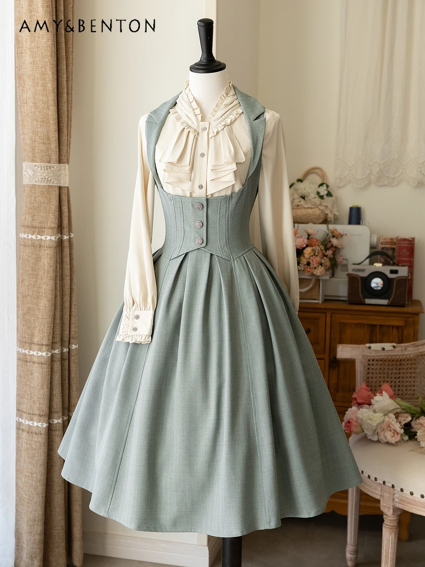 

Spring Classical Style Elegant Vest Stitching Long Dress Daily Retro Lolita Dress for Women British Style Slim Mid-calf Dresses