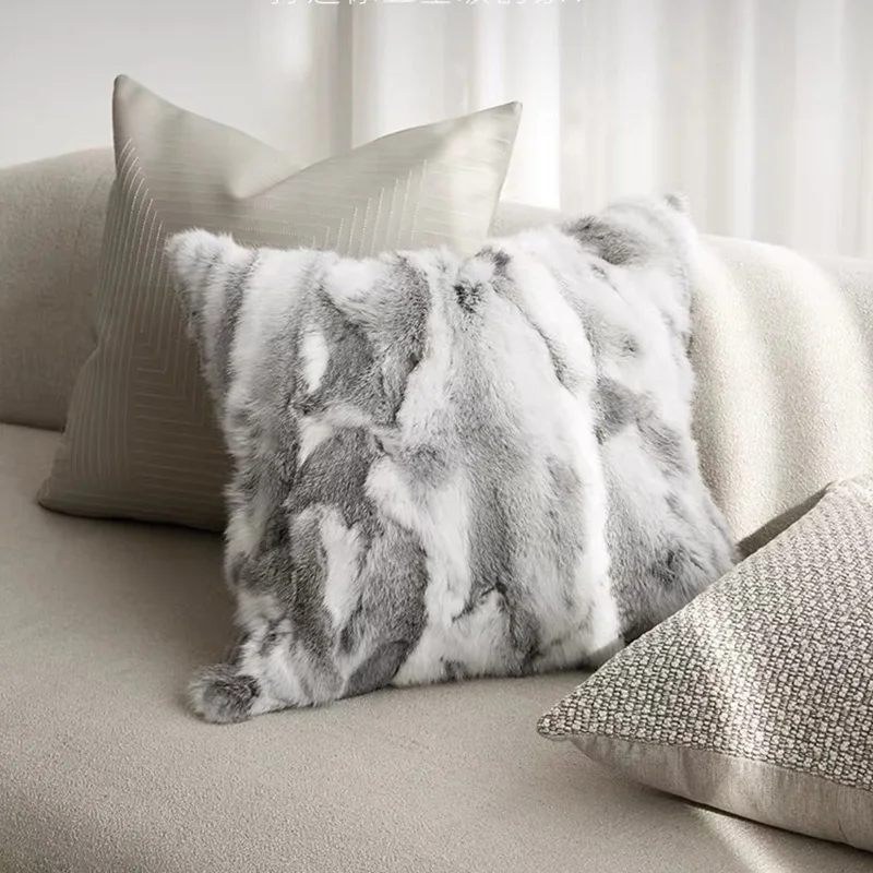 Home Decor Decorative Pillows Fancy Real Rabbit Fur Patchwork Luxury Sofa Cushion Case