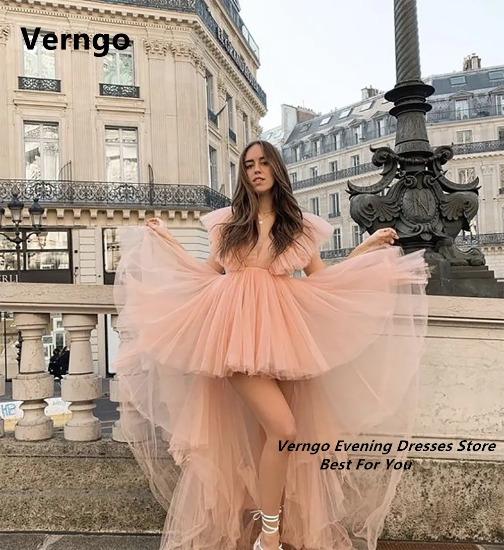 Verngo Deep V Neck Party Dress High/Low Tulle Pricess Ball Gown Long Short Sleeves Dress For Special Events Custome Color