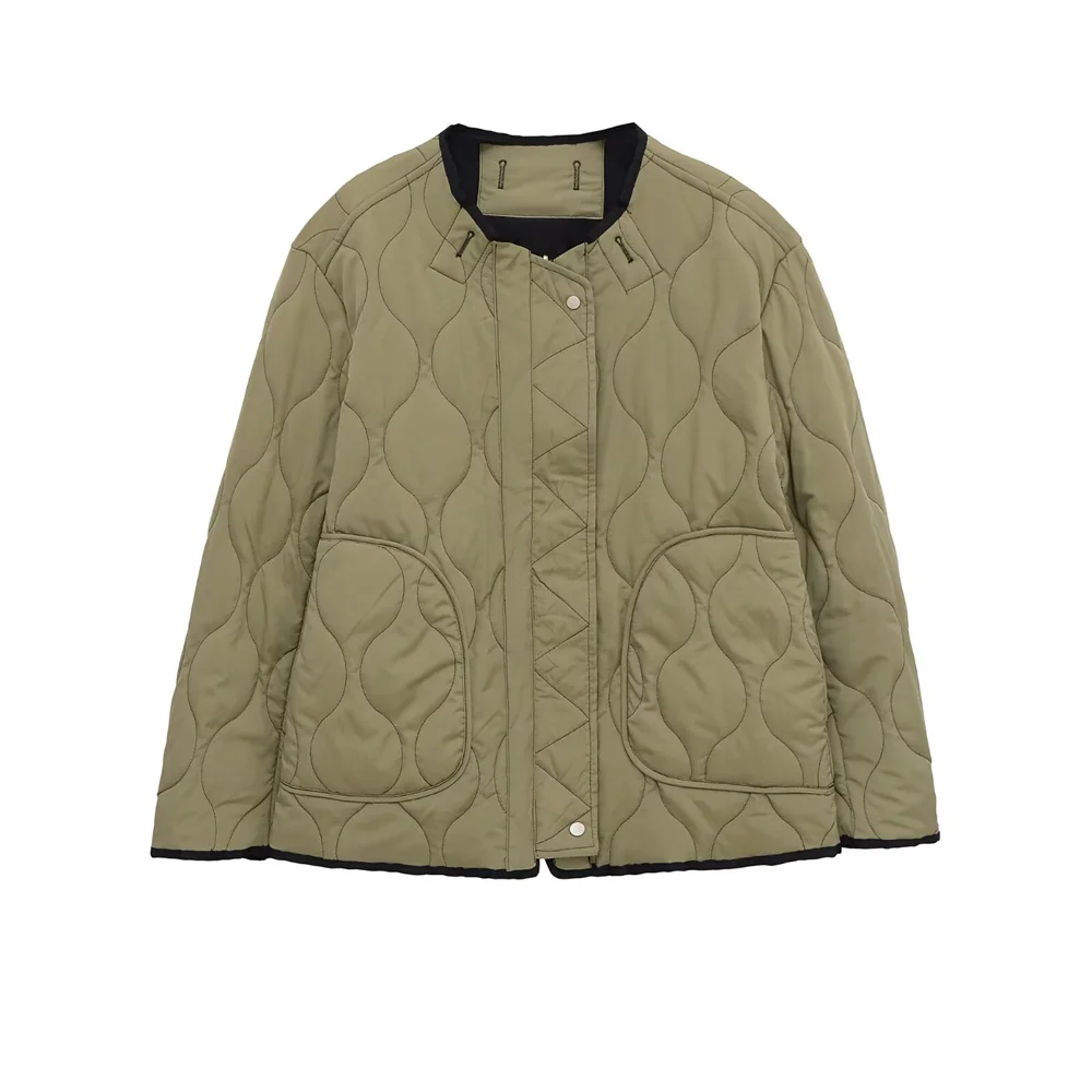 

Autumn and winter new women's round neck pocket decoration, contrasting color splicing, can be worn double-sided cotton jacket