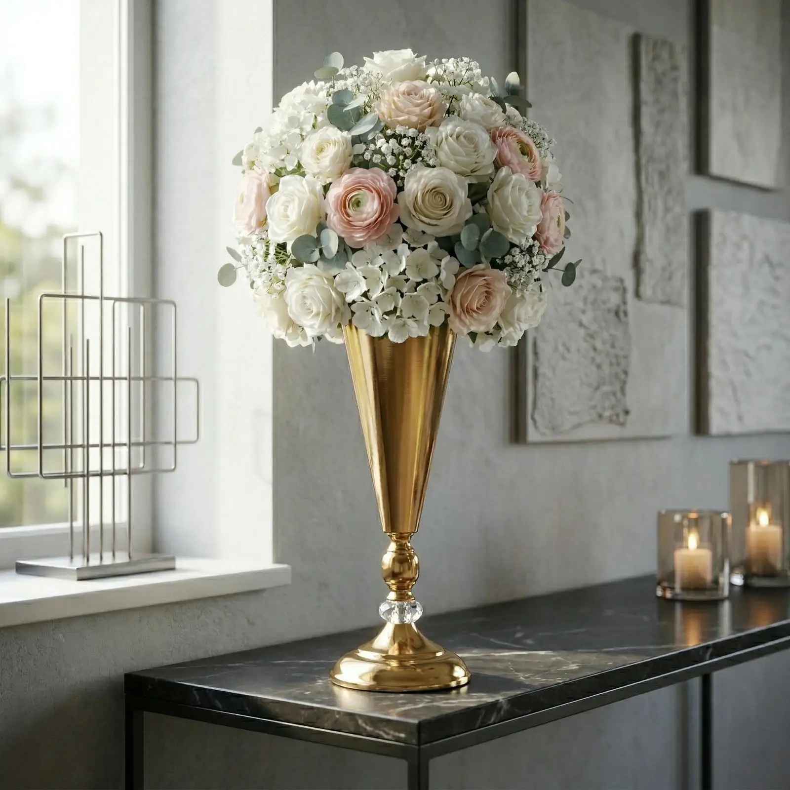 Gold Flower Vase Set for Wedding Centerpieces - Metal Trumpet Vases for Tables, Reception, Party, Modern Floral Decor