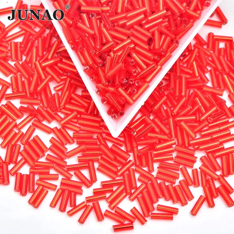 JUNAO 20g 6mm Aquamarine Color Sewing Glass Rhinestone Seed Beads Long Tube Spacer Beads Crystal Tube Beads For Decoration