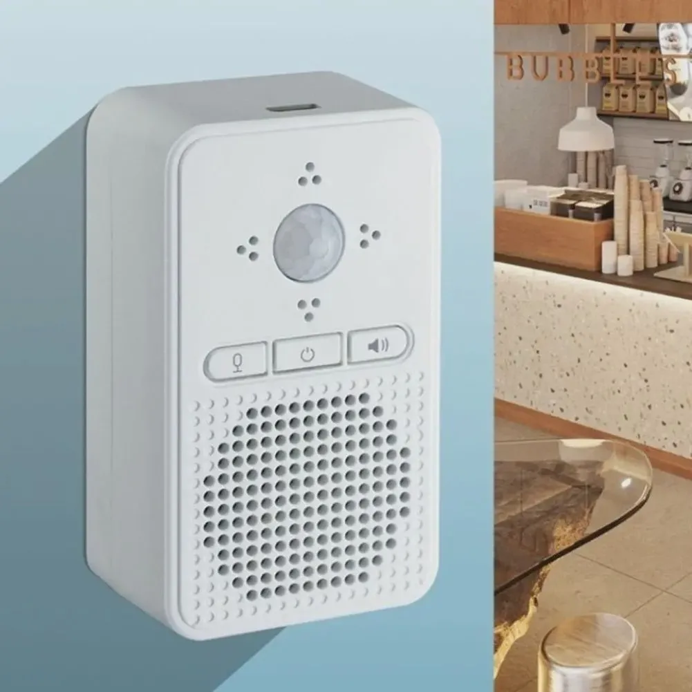 Voice Enabled Wireless Doorbell for Store Entrance 300m Signal Coverage 20 Tones 82dB Sound Level 84x51x38mm White