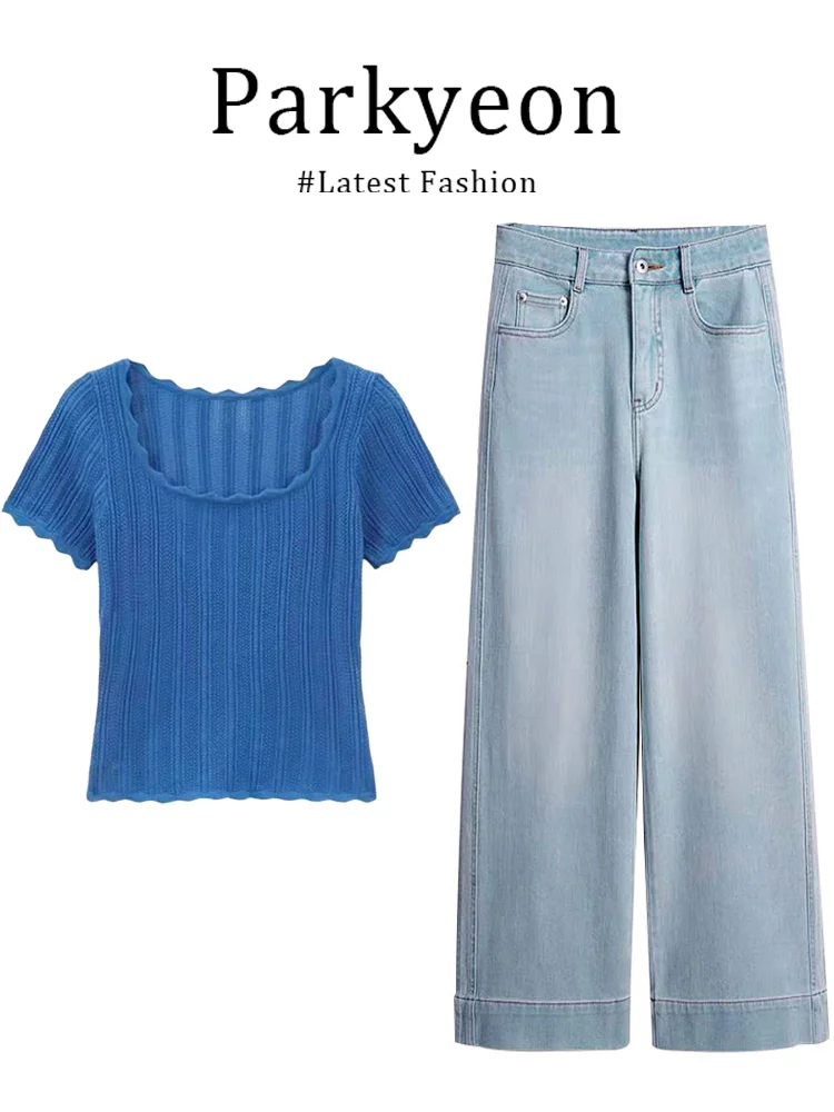 

Летний модный комплект Parkyeon в ретро-стиле: джинсовые брюки с высокой талией и облегающий топ с коротким рукавом и круглым вырезом, комплект из двух предметов