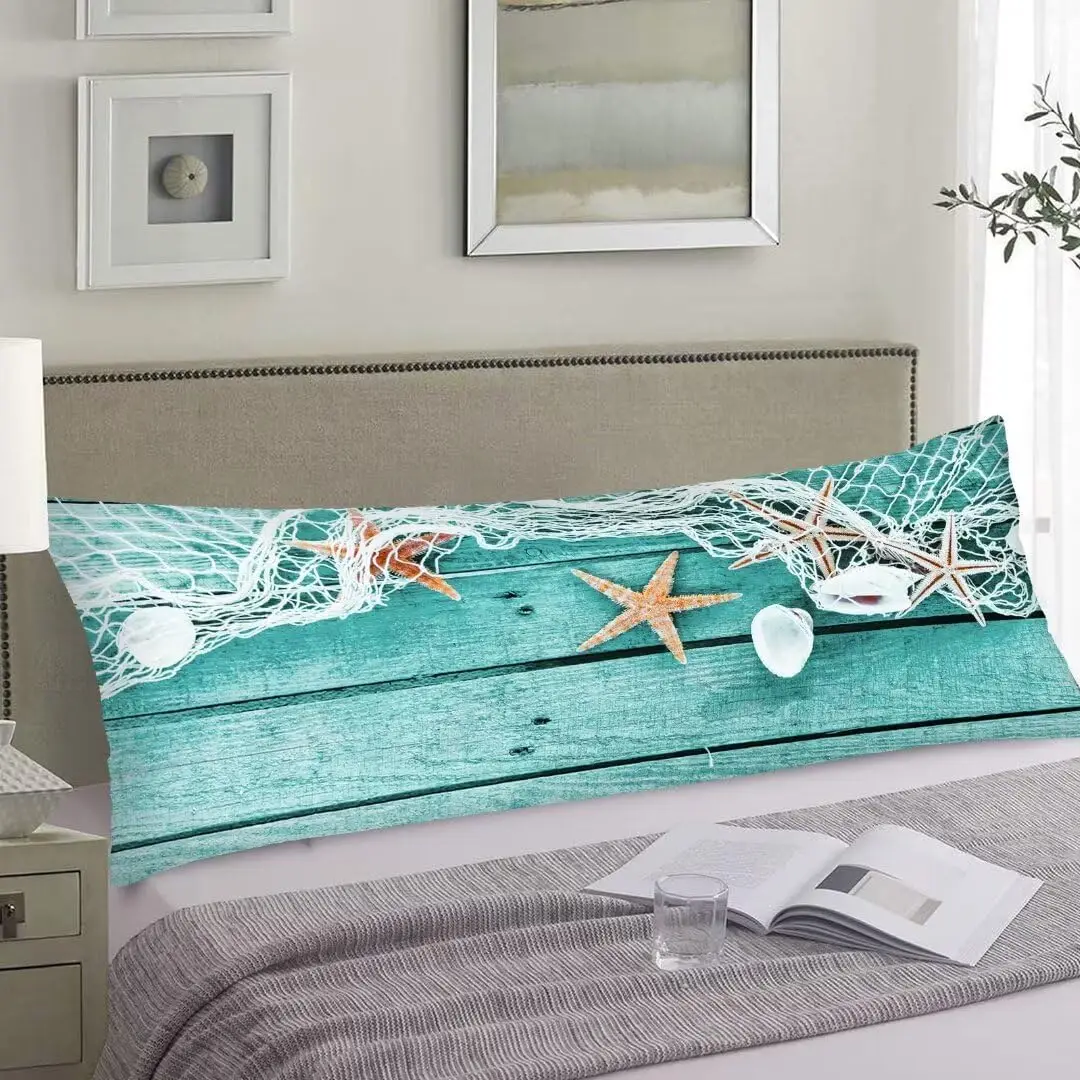 Nautical Beach-Themed Body Pillow Cover Turquoise Coastal Cushion Case with Starfish & Seashell Design, Soft Polyester Fabric