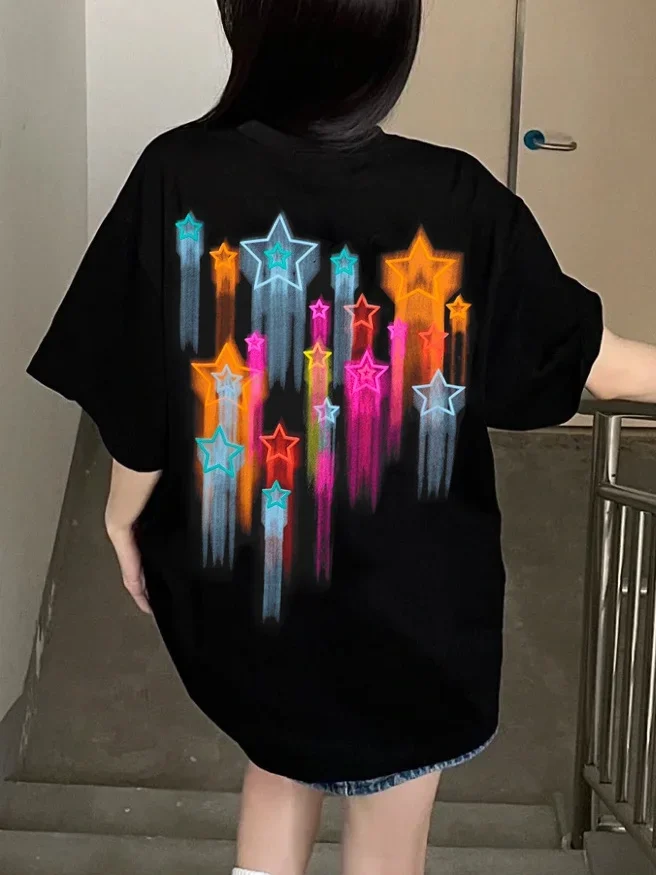 New Colorful Graffiti Star T shirt Women Cotton Heavy Duty High Street Top Goth Vintage Oversized t shirt Y2k Top