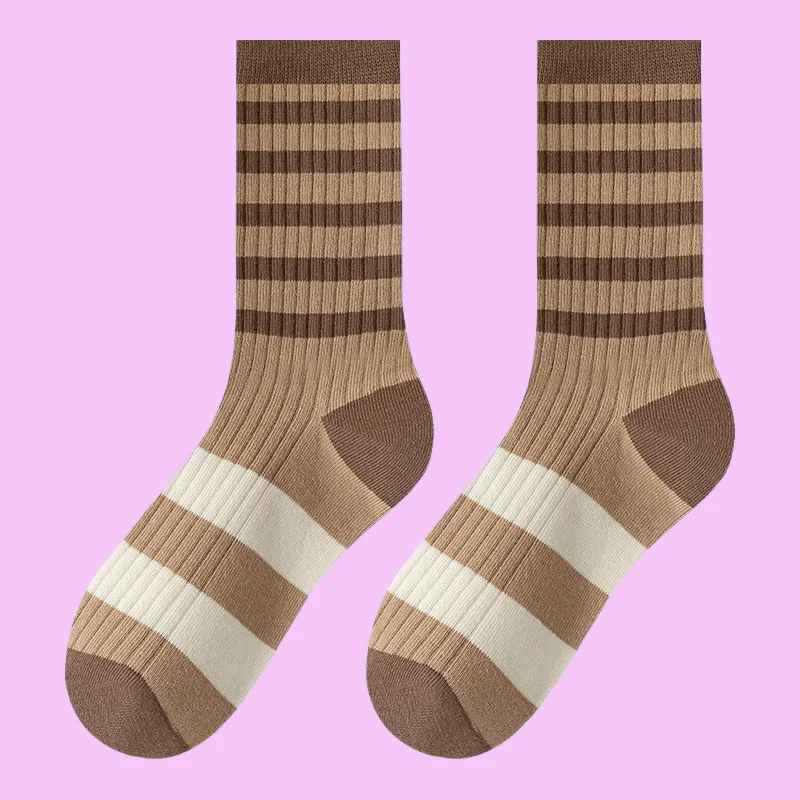 5/10 Pairs Fashion Striped Letter Women's Mid-tube Socks Coffee Color Pile Socks Style Socks Maillard Color Women's Casual Socks