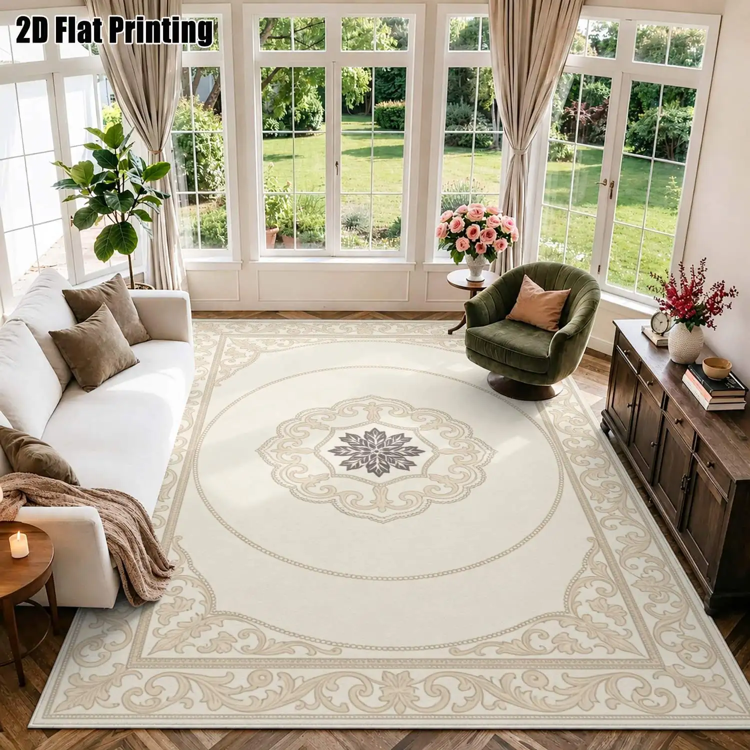1Pc 2D Printed Carpet: Beige-White Base, Gray Floral European-Style Pattern Nordic, Modern Minimalist, Vintage, Geometric Options for Home Decor, Multi-Size, Machine Washable. Suitable for Entrance, Dining Room, Foyer, Bedroom, Living Room.