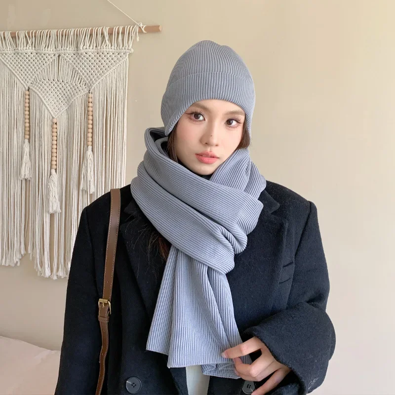 

Pure Color Rib Knit Scarf & Hat Sets Female Imitation Cashmere Warm Long Muffler Winter Round Top Woolen Yarn Cap Scarves Women