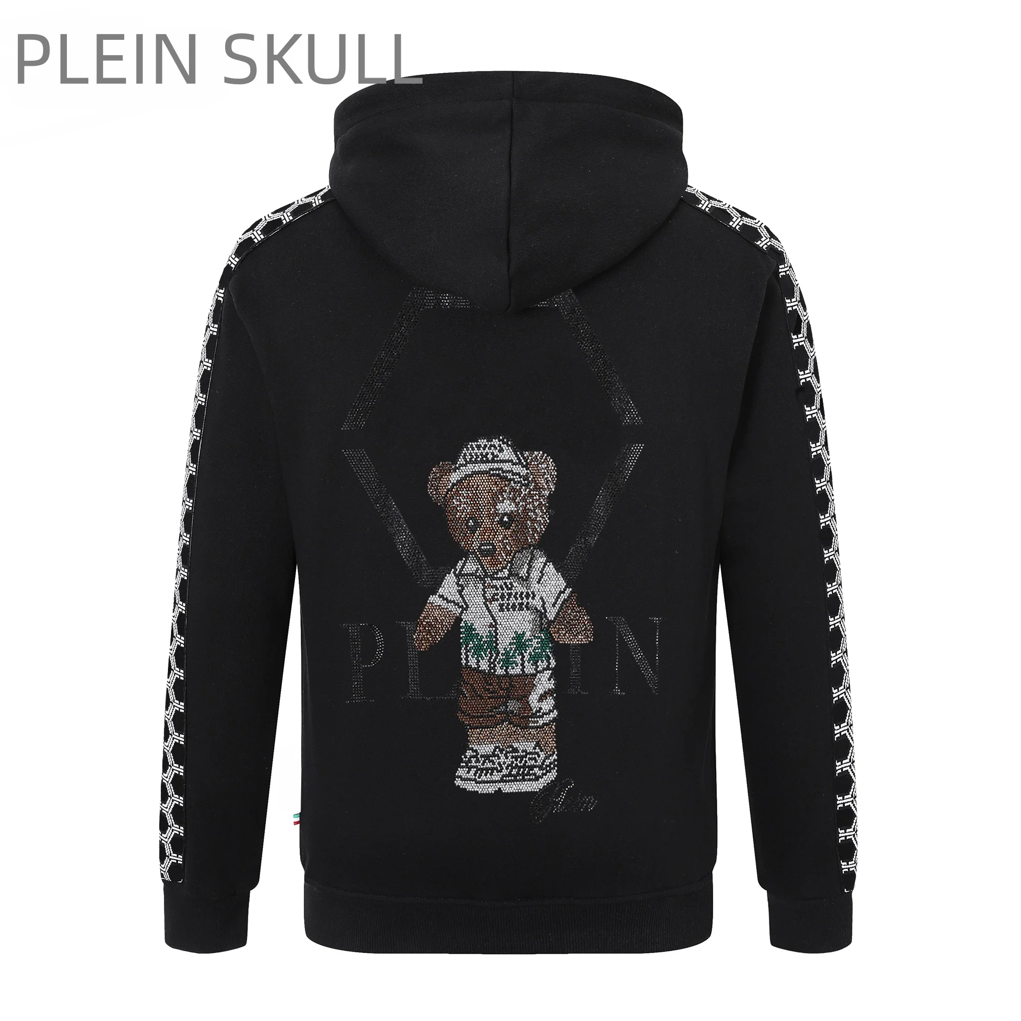 Plein Skull Men's Rhinestone Fashion Bear Hoodie Pullover Side Geometric Stripe Sleeve Casual Long Sleeve Hooded Sweatshirt