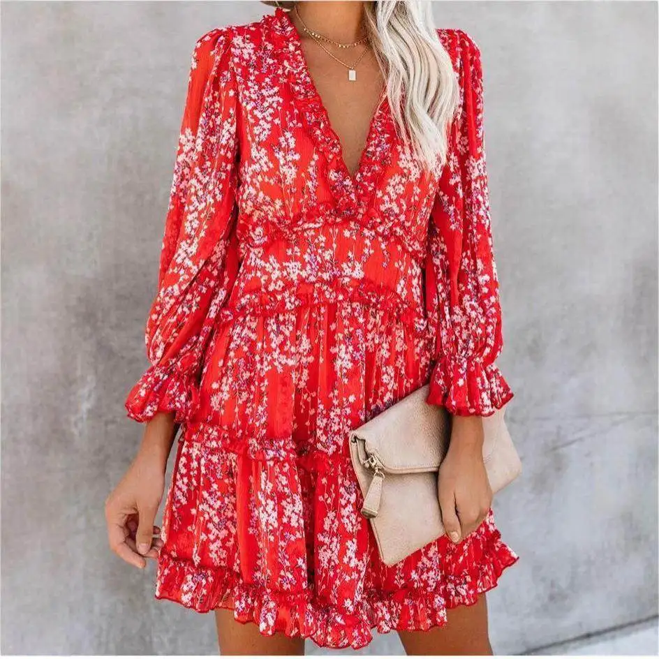 

Sexy Printed V-Neck Backless Long Sleeve Chiffon Dress Beach Hot Girl mid Waist Lantern Sleeve Three-acetate Fiber Dress