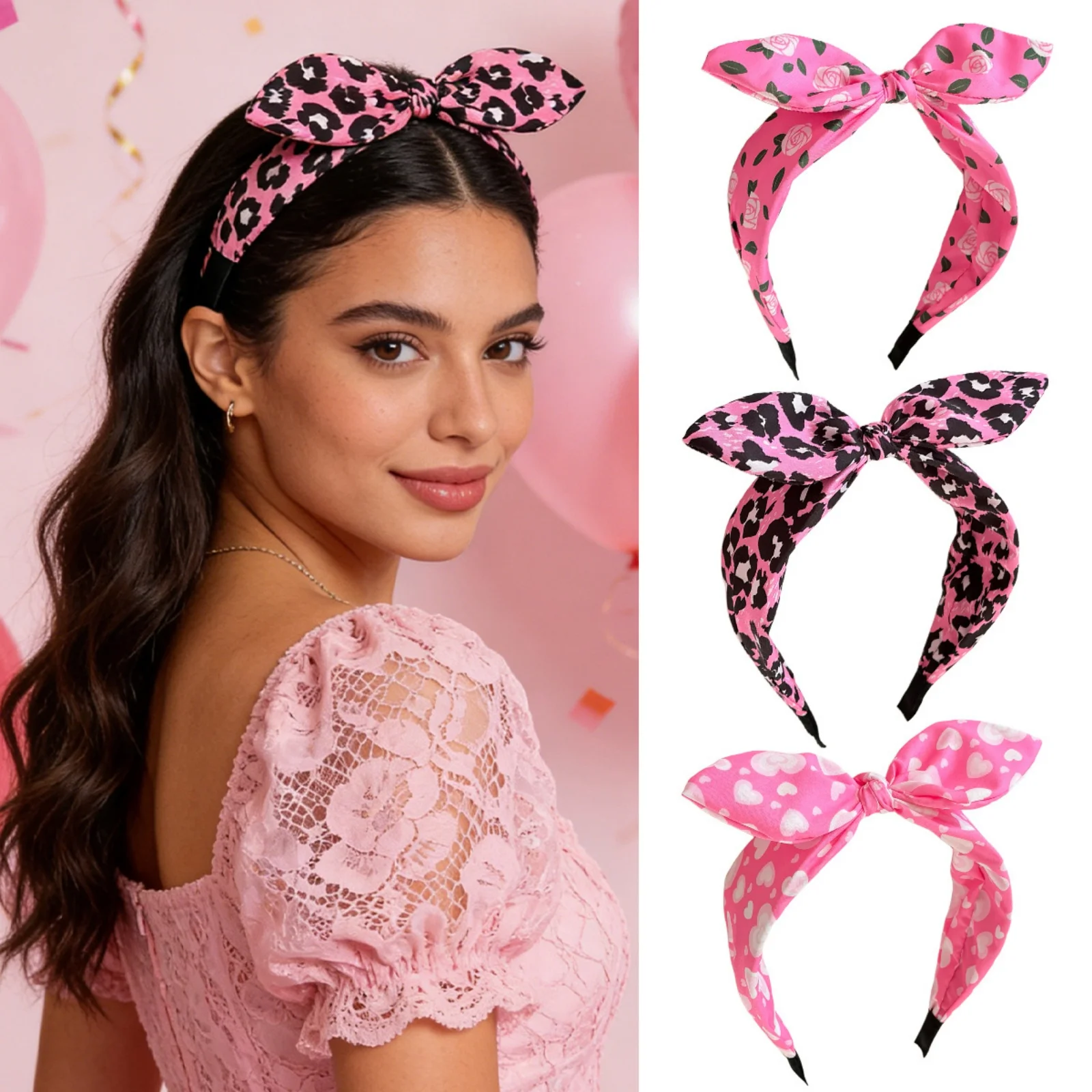 Juego de diademas rosa fucsia para mujer (leopardo/rosa/puntos de corazón), accesorios para el cabello con decoración de lazo grande, moderno y bonito para uso diario, 1 ud.