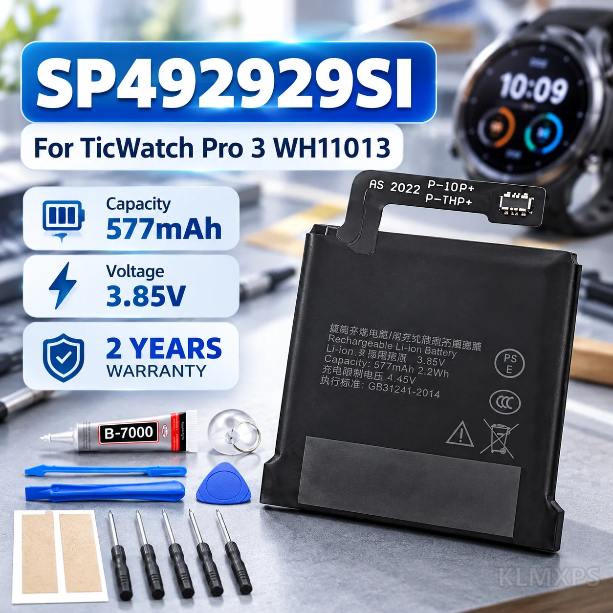 Smartwatch Replacement Battery Repair Part SP492929SI 577mAh 3.88V For TicWatch Pro 3 GPS Wear OS Watch WH11013 With Tool